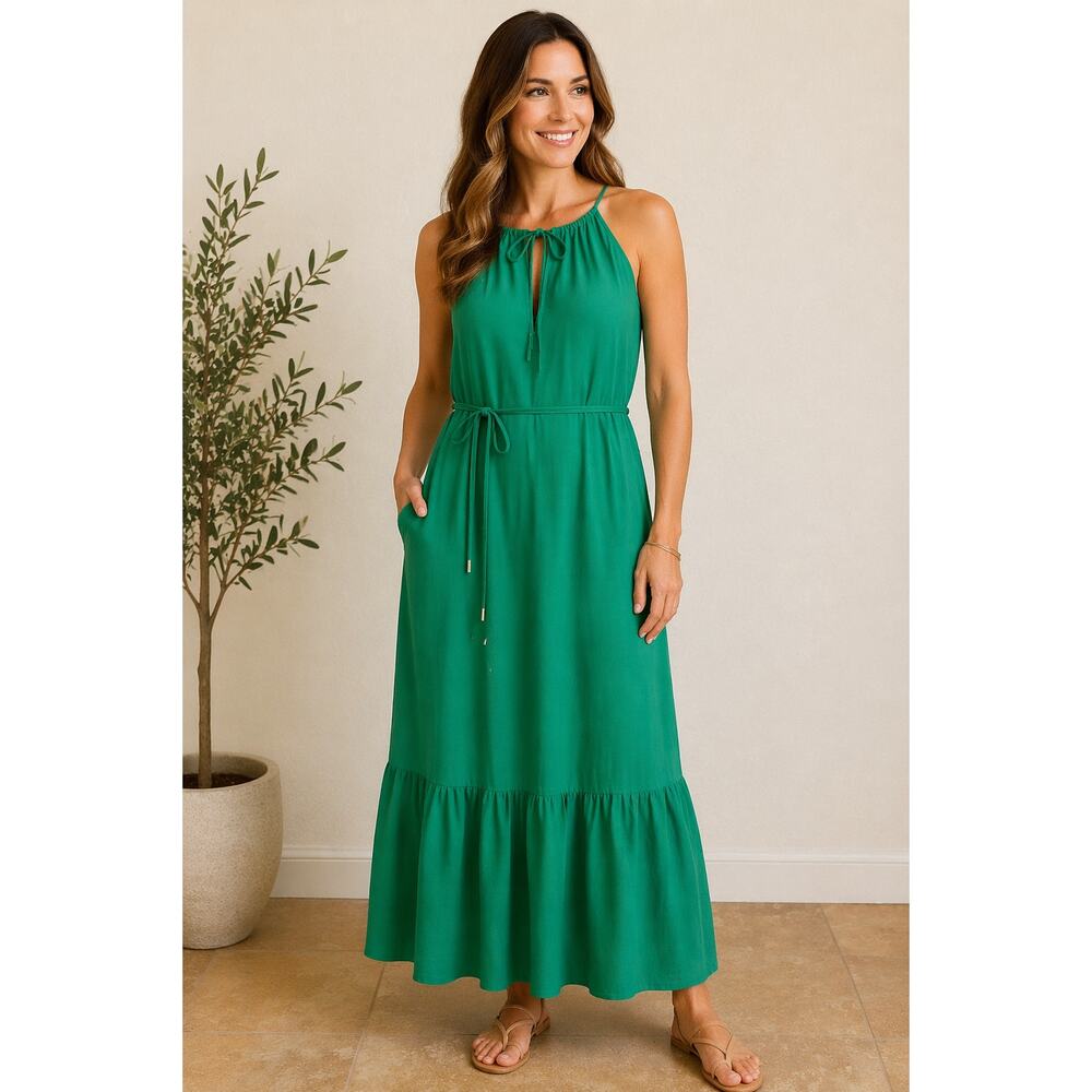 INC Maxi Dress Green SZ16 Tiered Strapless Summer Resort Boho - Picture 2 of 7